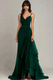 Dark Green A Line Spaghetti Straps Ruffled Formal Dress