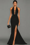 Mermaid Black Halter Satin Long Evening Dress with Slit