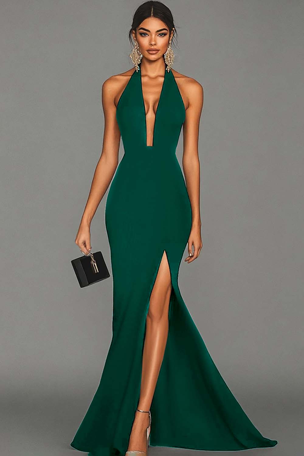 Mermaid Black Halter Satin Long Evening Dress with Slit