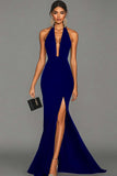 Mermaid Black Halter Satin Long Evening Dress with Slit