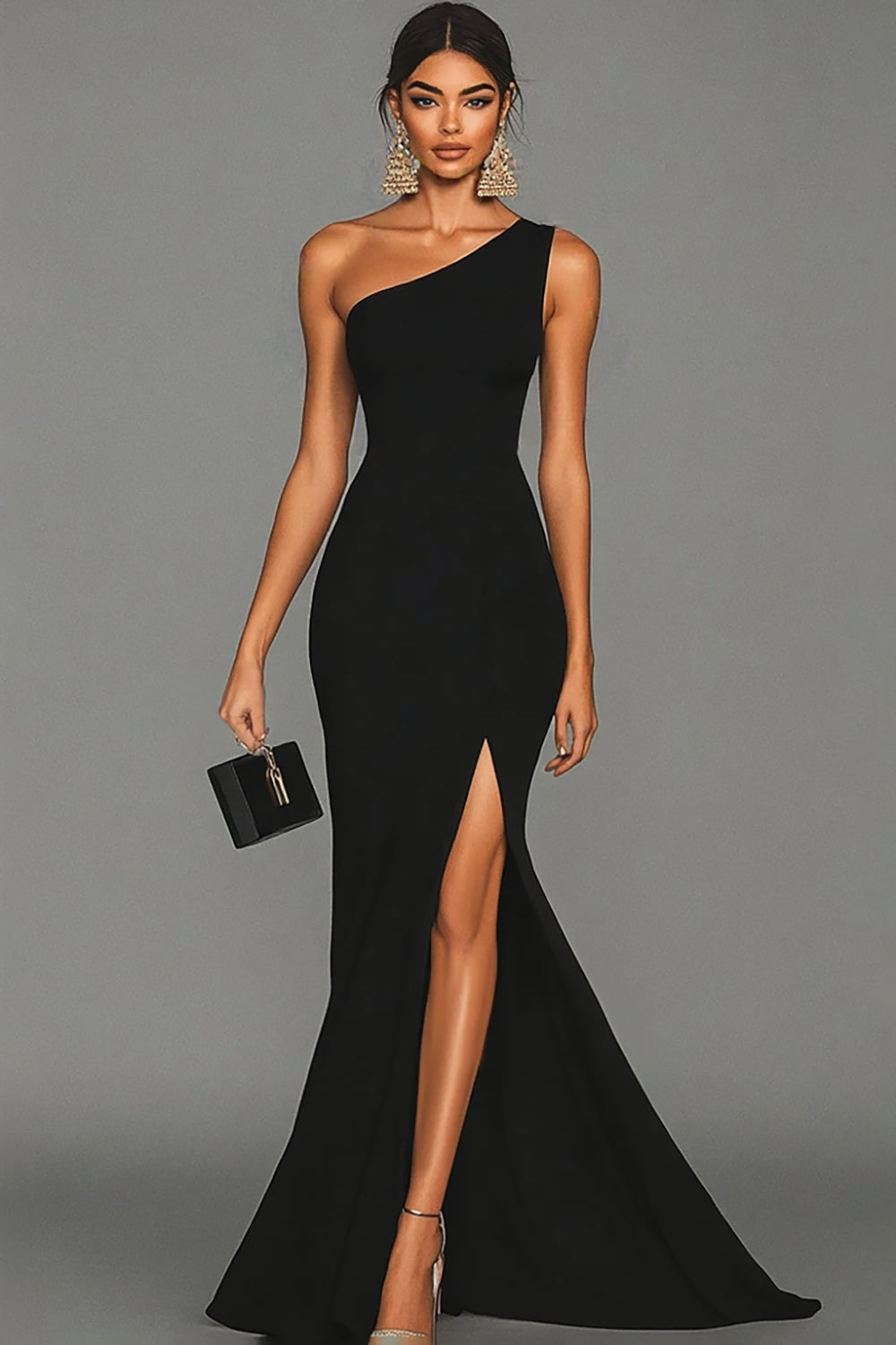 Black Mermaid One Shoulder Evening Dress with Slit