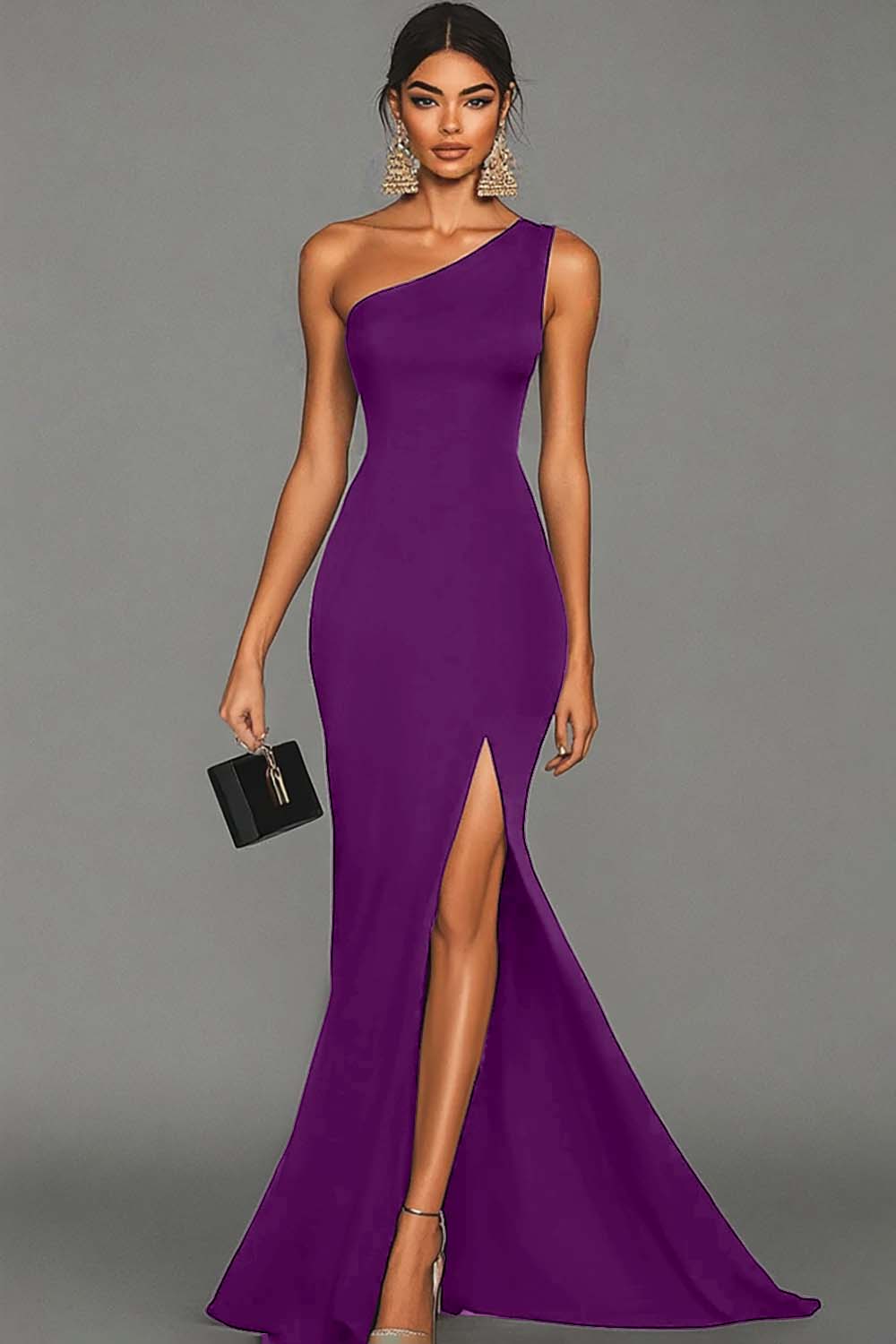 Black Mermaid One Shoulder Evening Dress with Slit