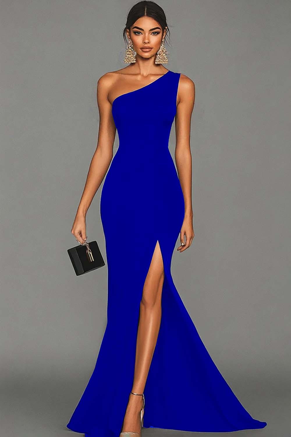 Black Mermaid One Shoulder Evening Dress with Slit