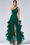 Black A Line One Shoulder Ruffled Evening Dress with Slit
