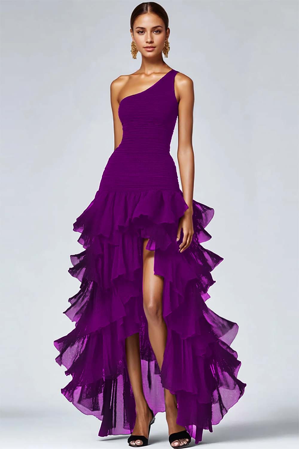 Black A Line One Shoulder Ruffled Evening Dress with Slit