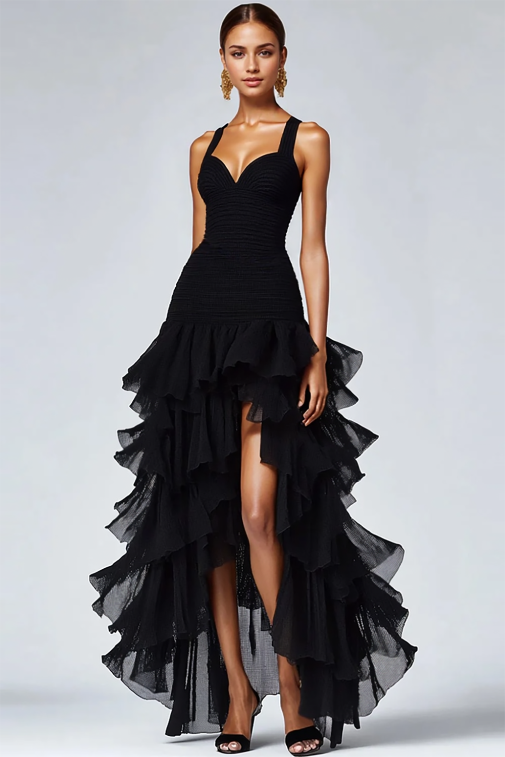 Ruffled Organza High-Low Black Evening Dress with Slit