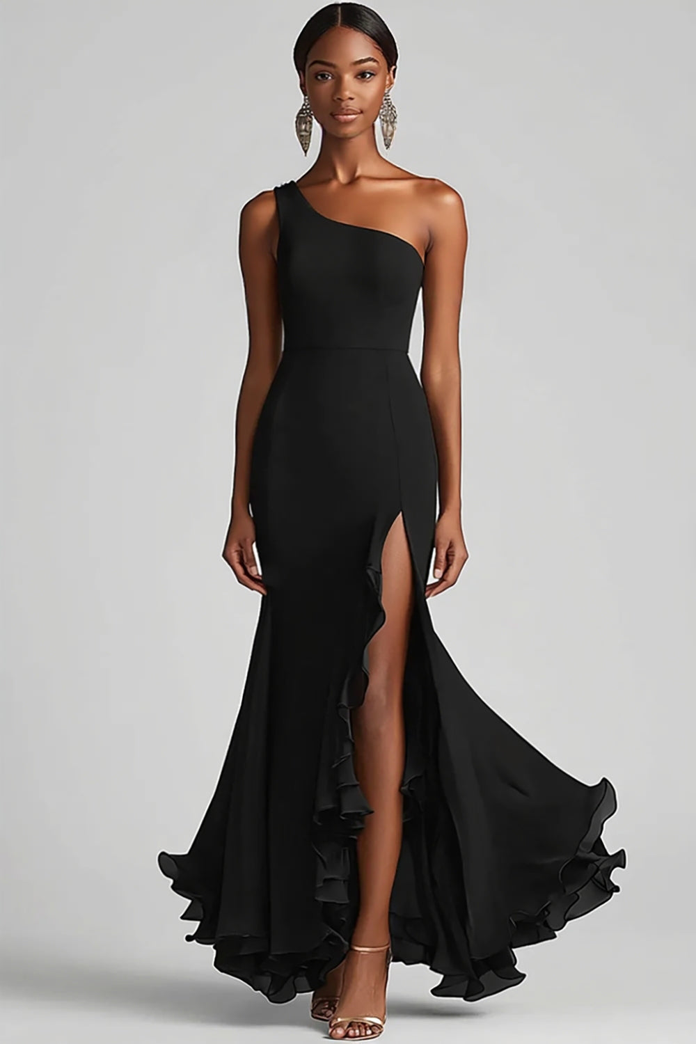 Black One Shoulder Mermaid Formal Dress with Slit
