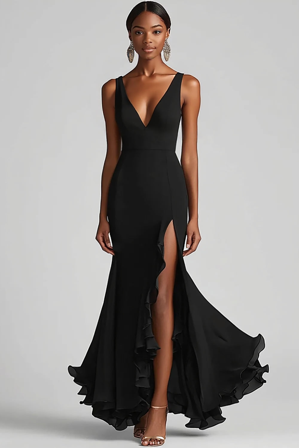Black Mermaid V Neck Ruffled Evening Dress with Slit
