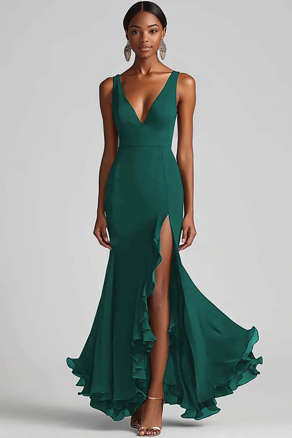 Black Mermaid V Neck Ruffled Evening Dress with Slit