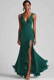 Black Mermaid V Neck Ruffled Evening Dress with Slit