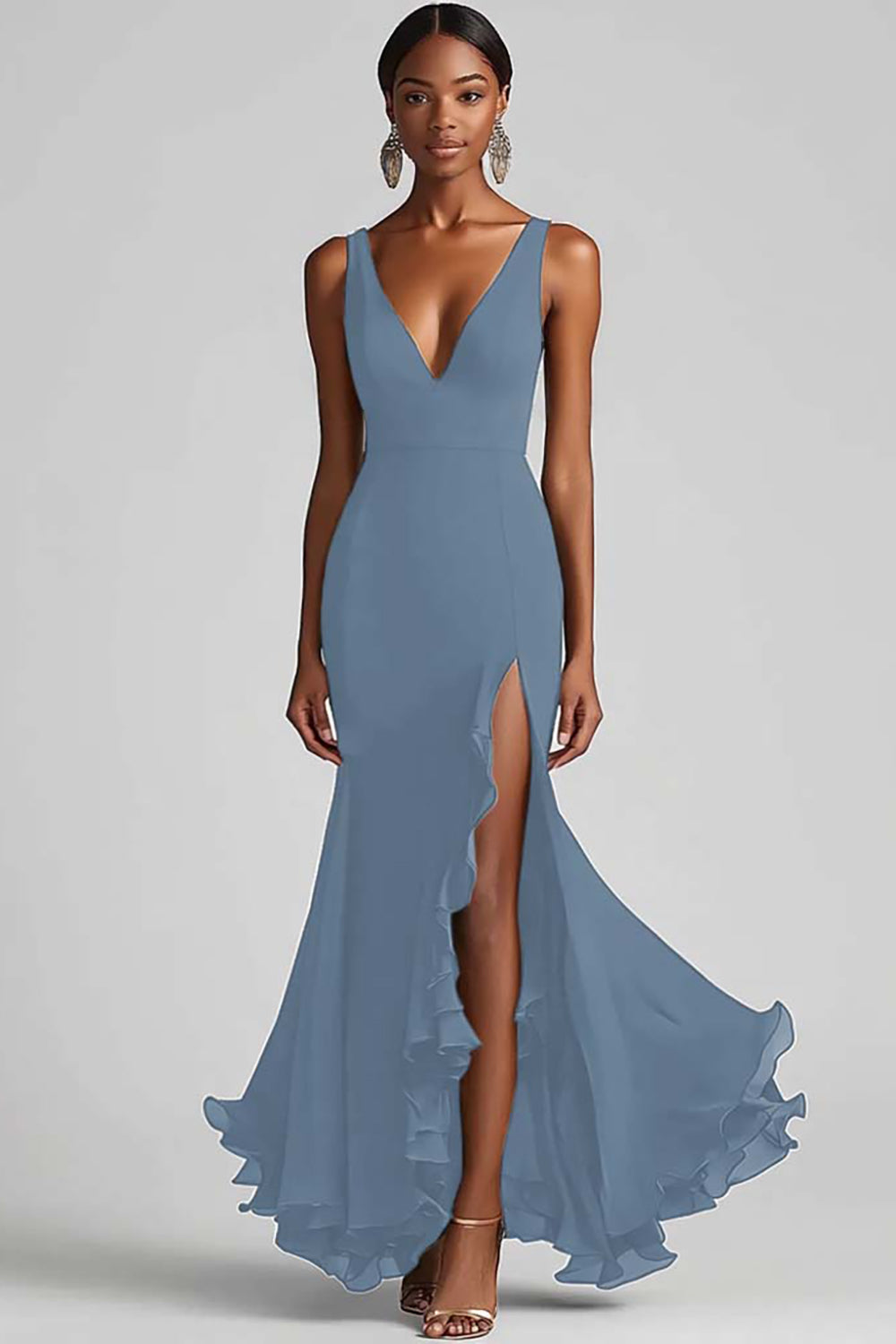 Black Mermaid V Neck Ruffled Evening Dress with Slit