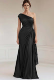 One Shoulder Dark Navy Ruched Long Evening Dress with Streamer