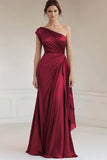 One Shoulder Dark Navy Ruched Long Evening Dress with Streamer