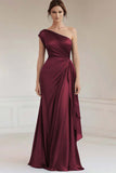 One Shoulder Dark Navy Ruched Long Evening Dress with Streamer