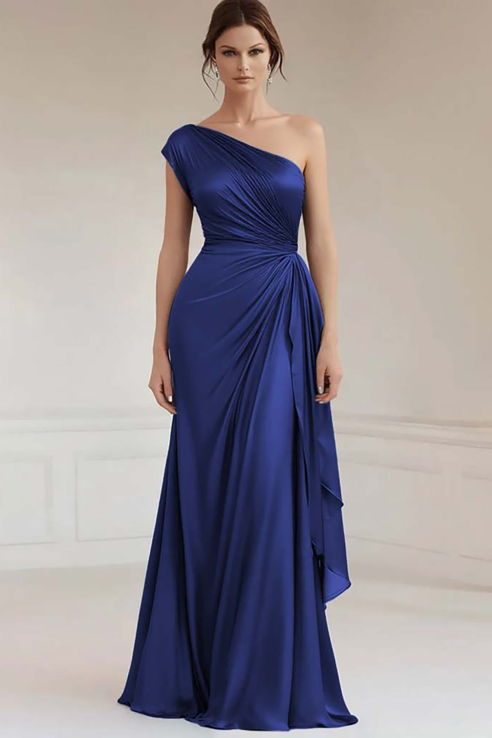 One Shoulder Dark Navy Ruched Long Evening Dress with Streamer