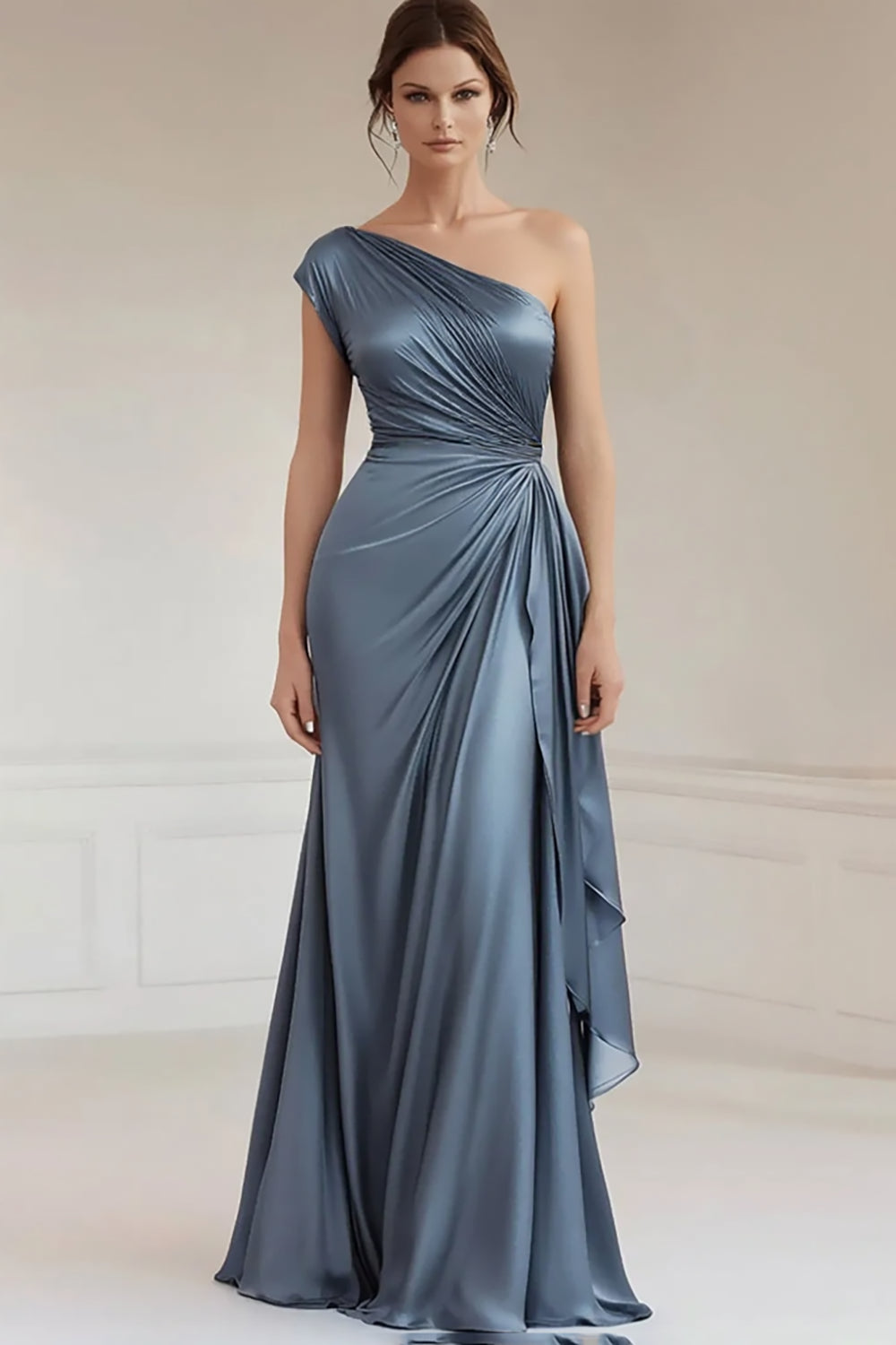One Shoulder Dark Navy Ruched Long Evening Dress with Streamer