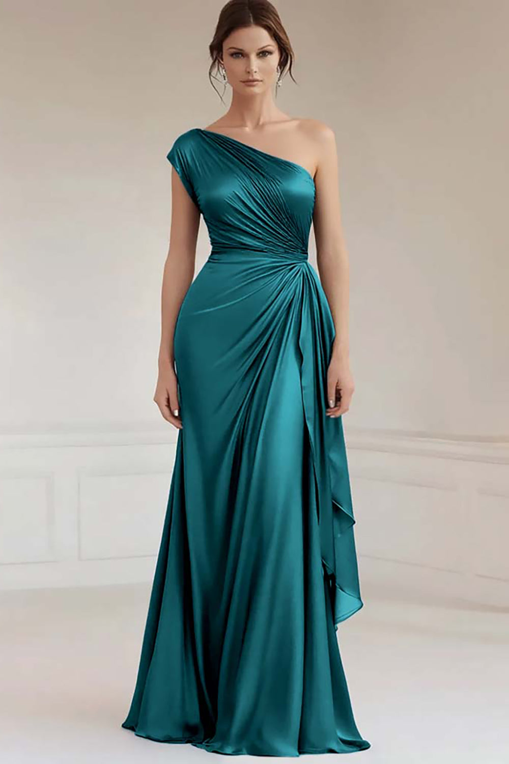 One Shoulder Dark Navy Ruched Long Evening Dress with Streamer