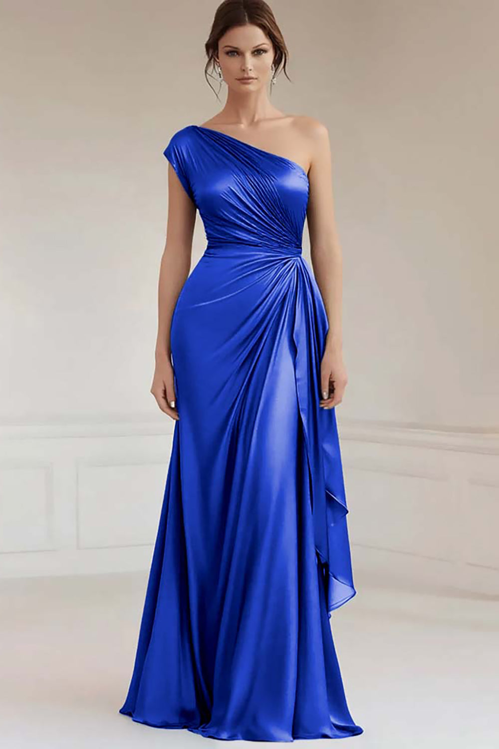 One Shoulder Dark Navy Ruched Long Evening Dress with Streamer