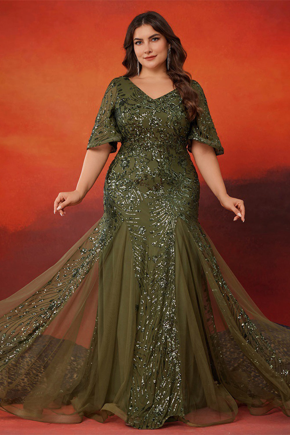 Sparkly Olive Mermaid Tulle Long Mother of the Bride Dress