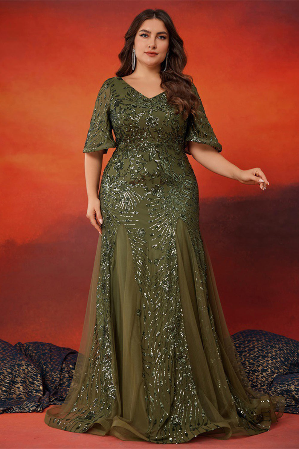 Sparkly Olive Mermaid Tulle Long Mother of the Bride Dress