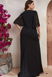 Plus Size Black Chiffon Long Mother of the Bride Dress with Ruffles