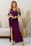 Grape Satin V-Neck Sheath Long Mother of the Bride Dress with Slit