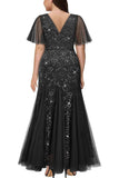 Sparkly Black Plus Size Long Mother of the Bride Dress with Appliques