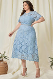 Sky Blue Lace Plus Size Tea-Length Mother of the Bride Dress