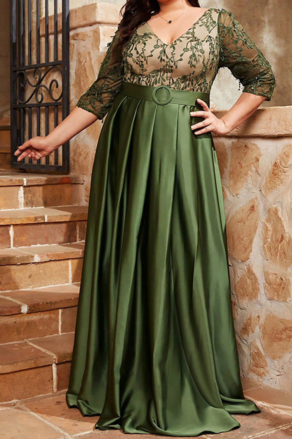 Olive Plus Size Satin Long Mother of the Bride Dress with Appliques