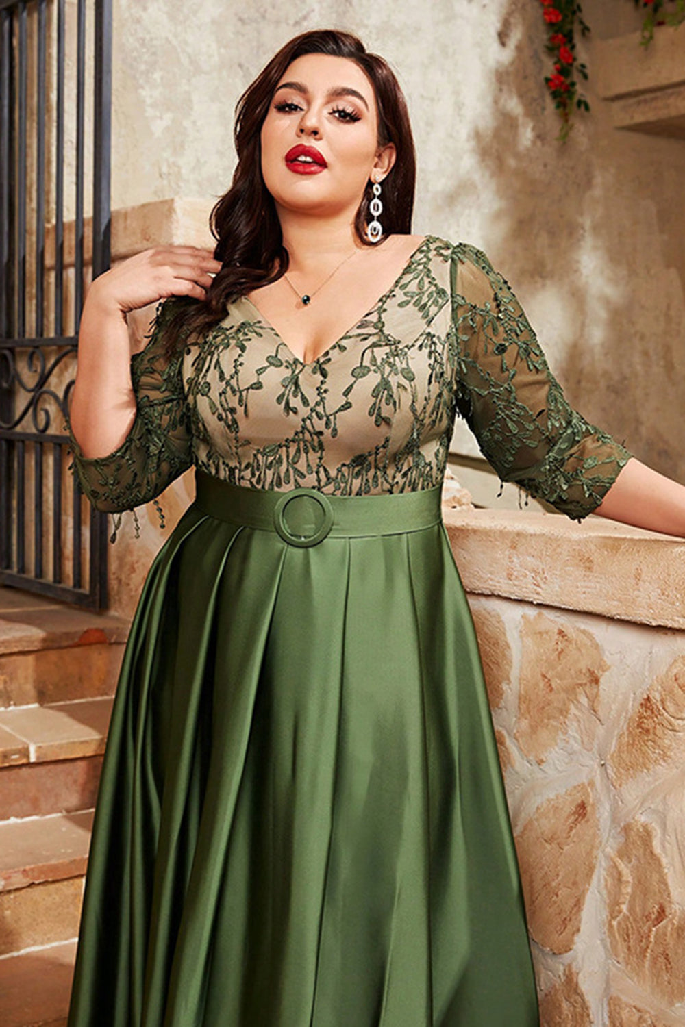 Olive Plus Size Satin Long Mother of the Bride Dress with Appliques
