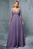 Purple Chiffon A Line Long Mother of the Bride Dress with Appliques