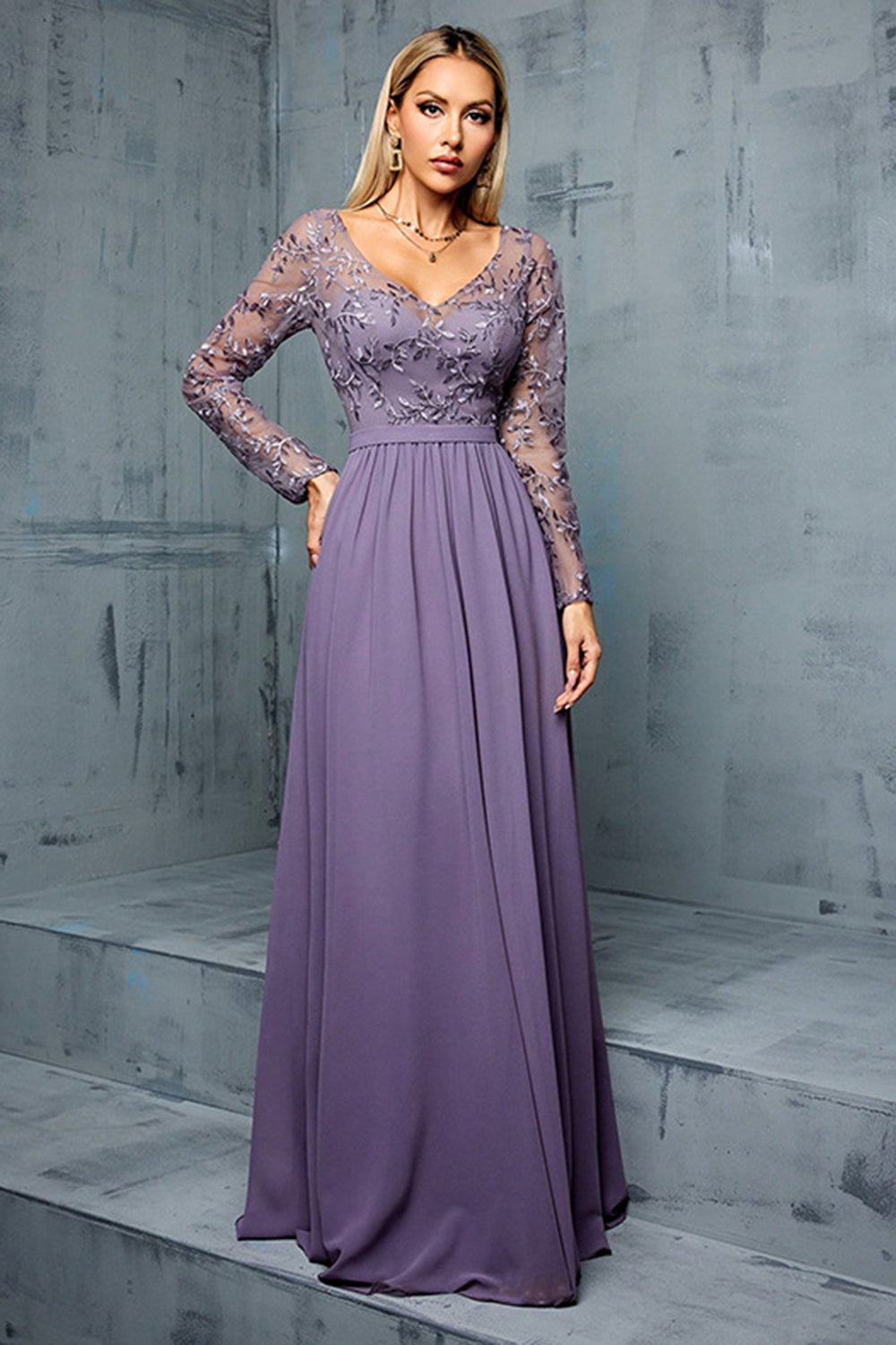 Purple Chiffon A Line Long Mother of the Bride Dress with Appliques