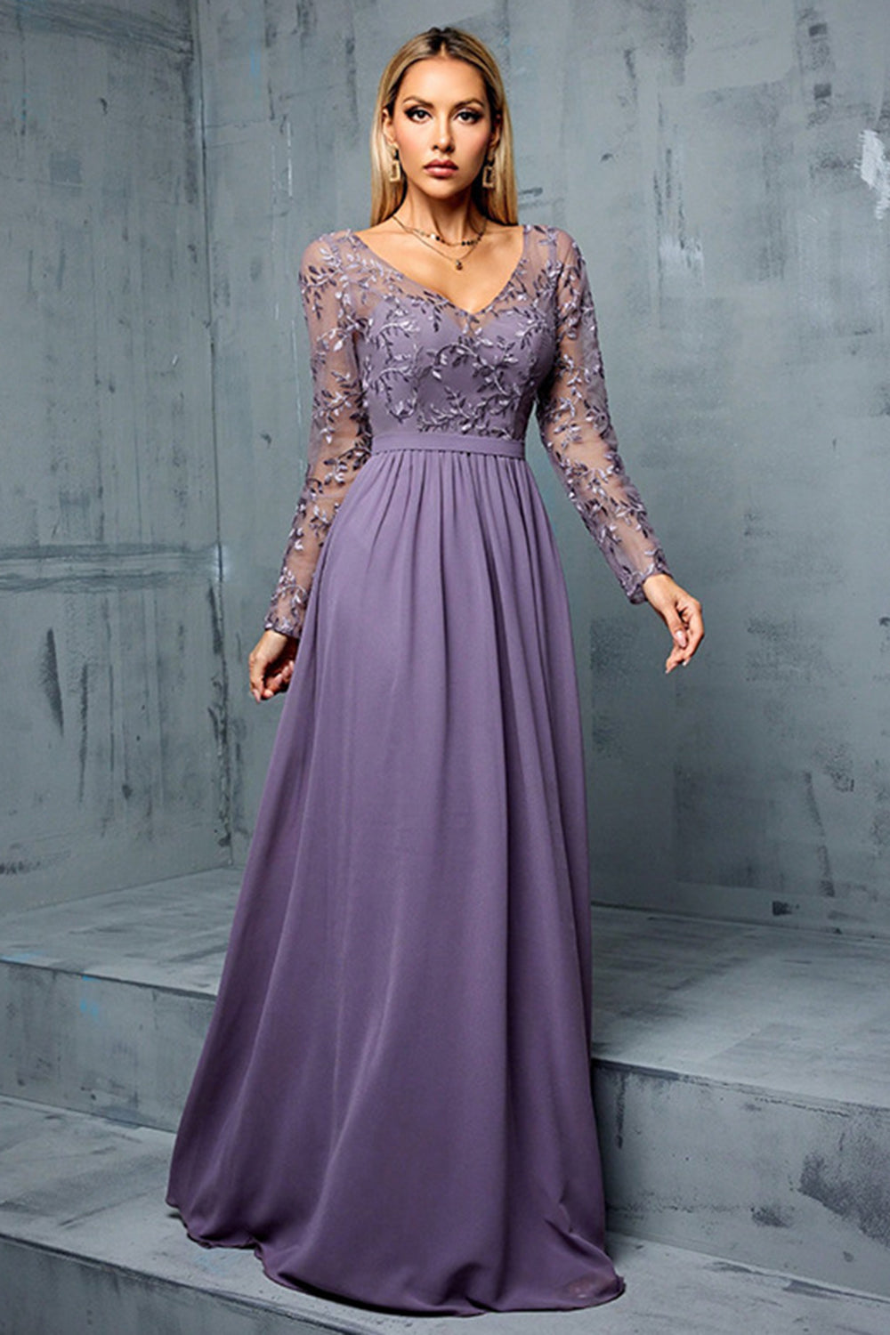 Purple Chiffon A Line Long Mother of the Bride Dress with Appliques