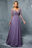 Purple Chiffon A Line Long Mother of the Bride Dress with Appliques