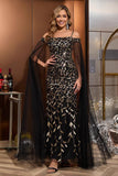 Black Gold Tulle Long Mother of the Bride Dress with Cape