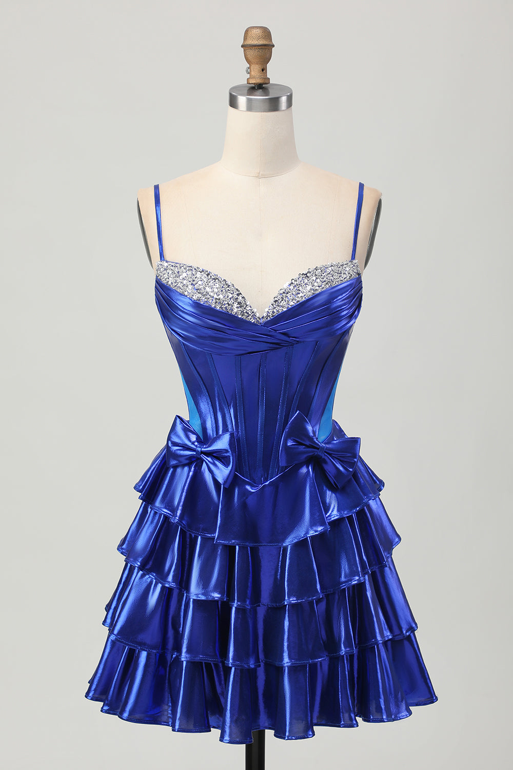 Metallic A Line Tiered Corset Short Graduation Dress with Bows