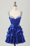 Metallic A Line Tiered Corset Short Graduation Dress with Bows