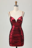 Sparkly Metallic Burgundy Tight Spaghetti Straps Short Graduation Dress