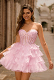 Pink Tiered Sequins Strapless Corset Mini Prom Dress