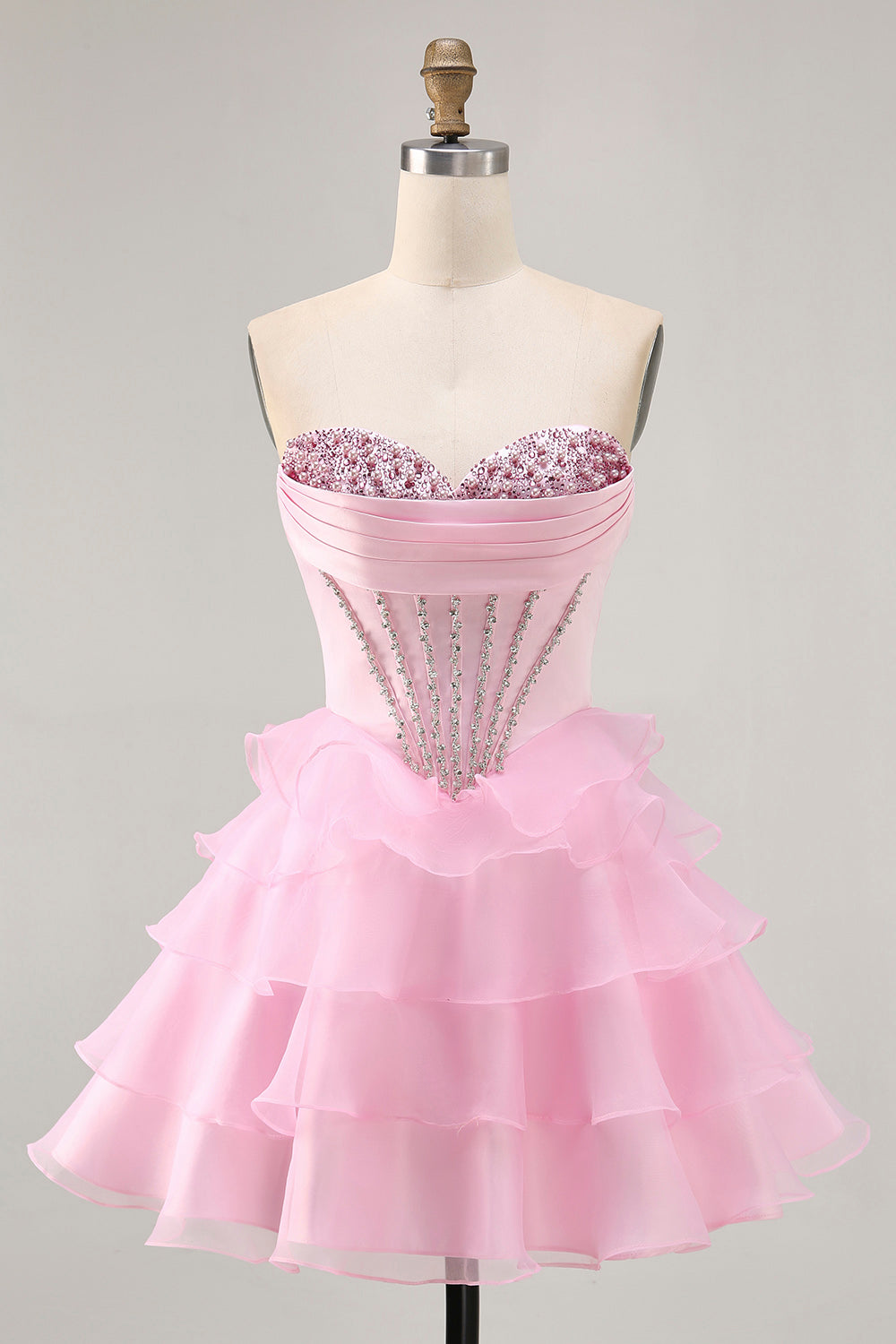 Tiered Beaded A Line Strapless Short Pink Graduation Dress