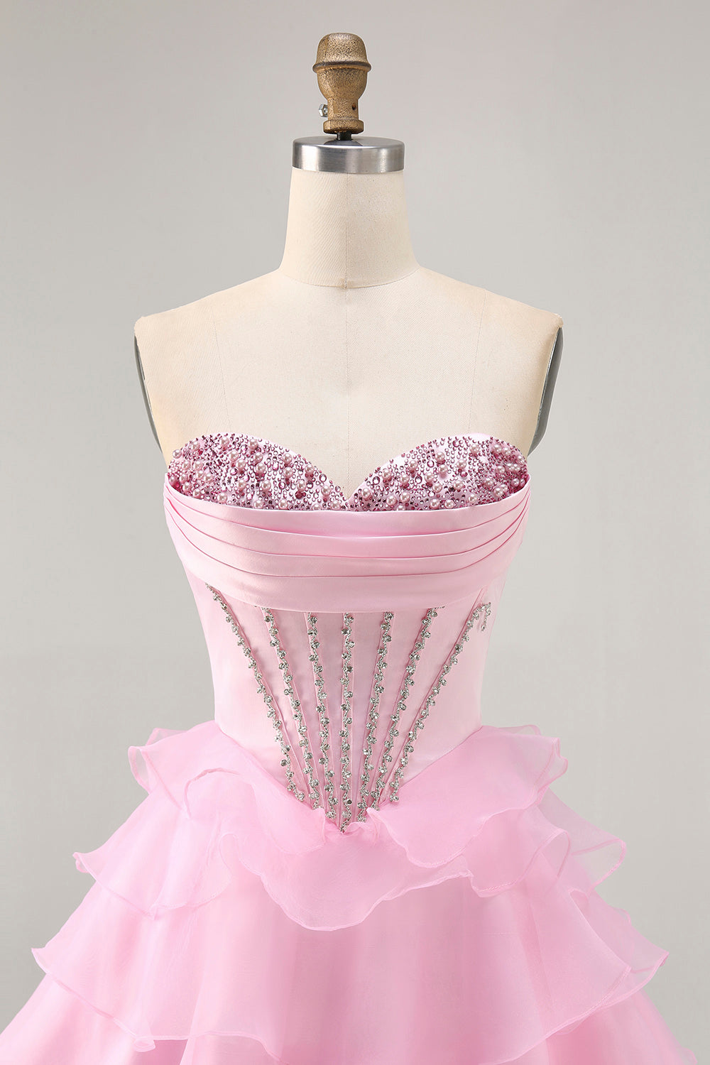 Tiered Beaded A Line Strapless Short Pink Graduation Dress