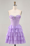 Strapless Purple Tiered Corset A Line Mini Prom Dress