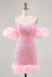 Sparkly Off The Shoulder Pink Sequins Tight Mini Prom Dress