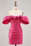 Satin Off The Shoulder Fuchsia Ruffled Tight Mini Prom Dress