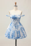 White Blue Flower A-Line Cold Shoulder Printed Beaded Short Prom Dress