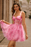 Pink Floral A-Line Spaghetti Straps Corset Short Prom Dress