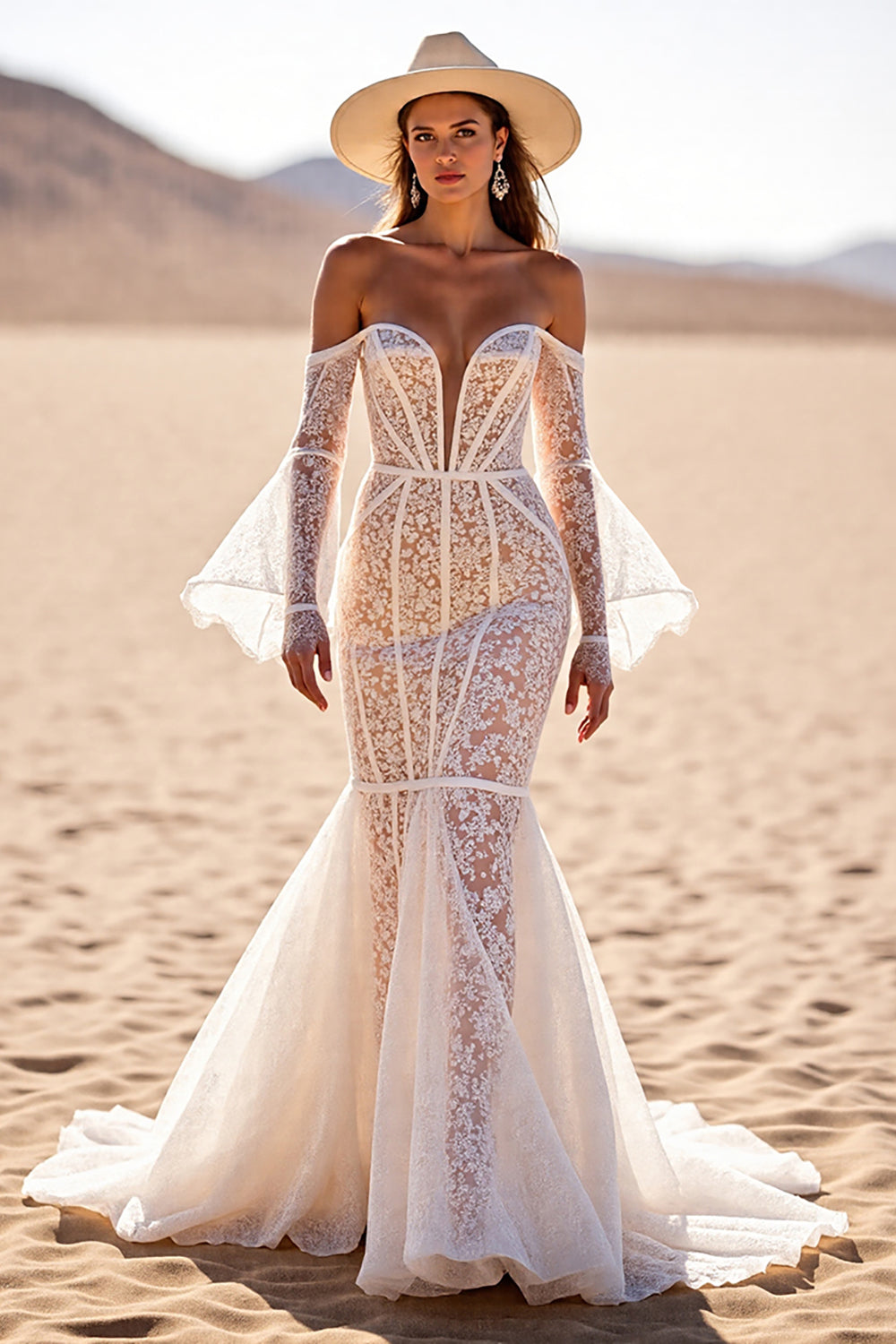 Off The Shoulder Lace White Mermaid Wedding Dress