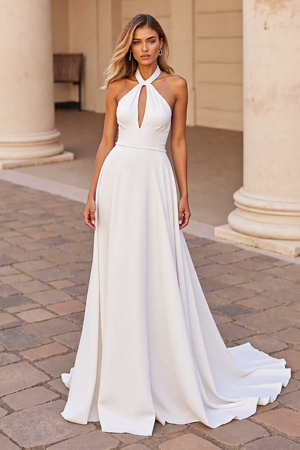 Halter A Line White Wedding Dress with Hollow Out