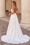 Halter A Line White Wedding Dress with Hollow Out