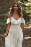 Off The Shoulder White A Line Wedding Dress with Ruffles